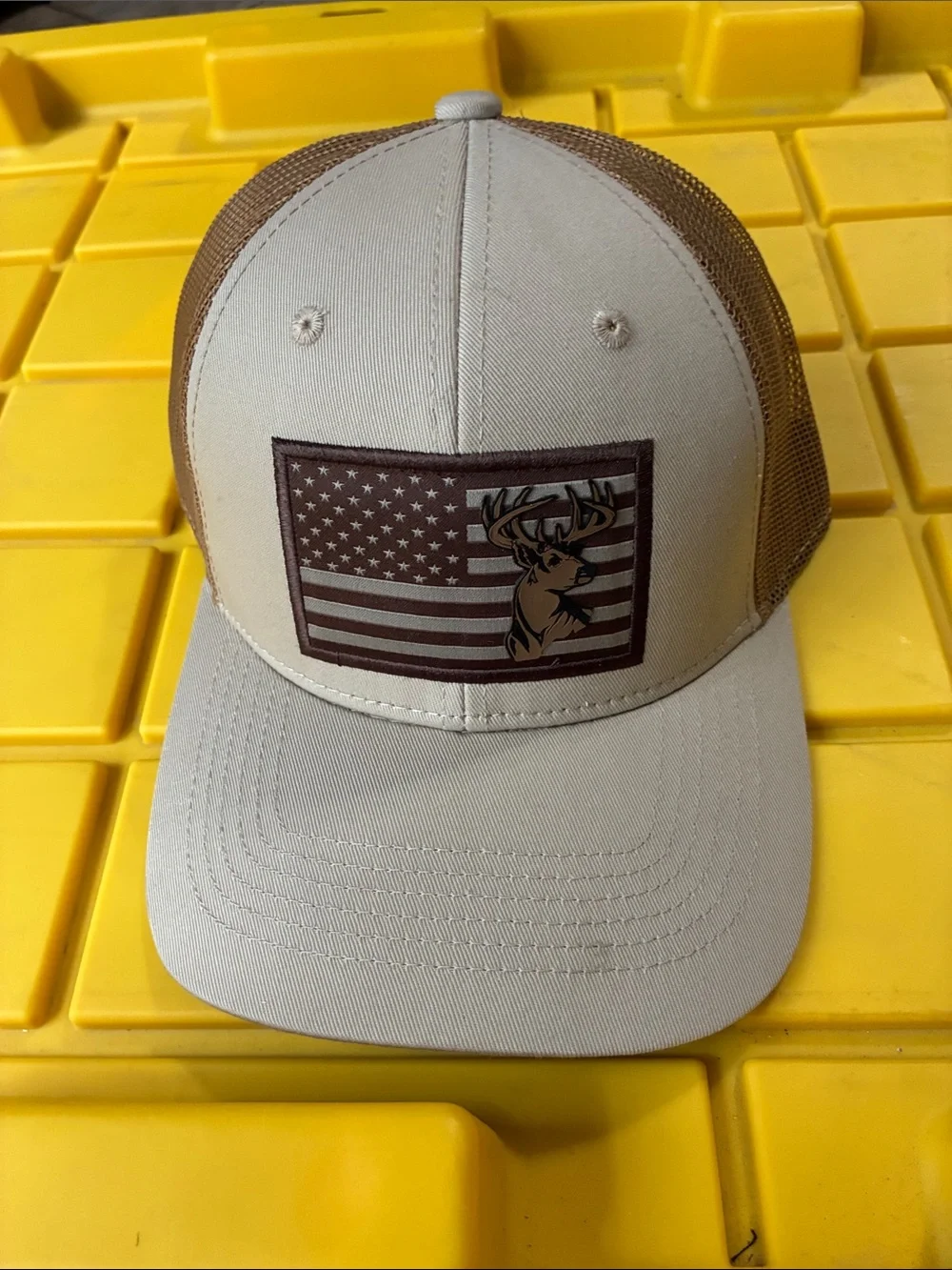 Tan and Brown Trucker Cap with American Flag & Deer Patch